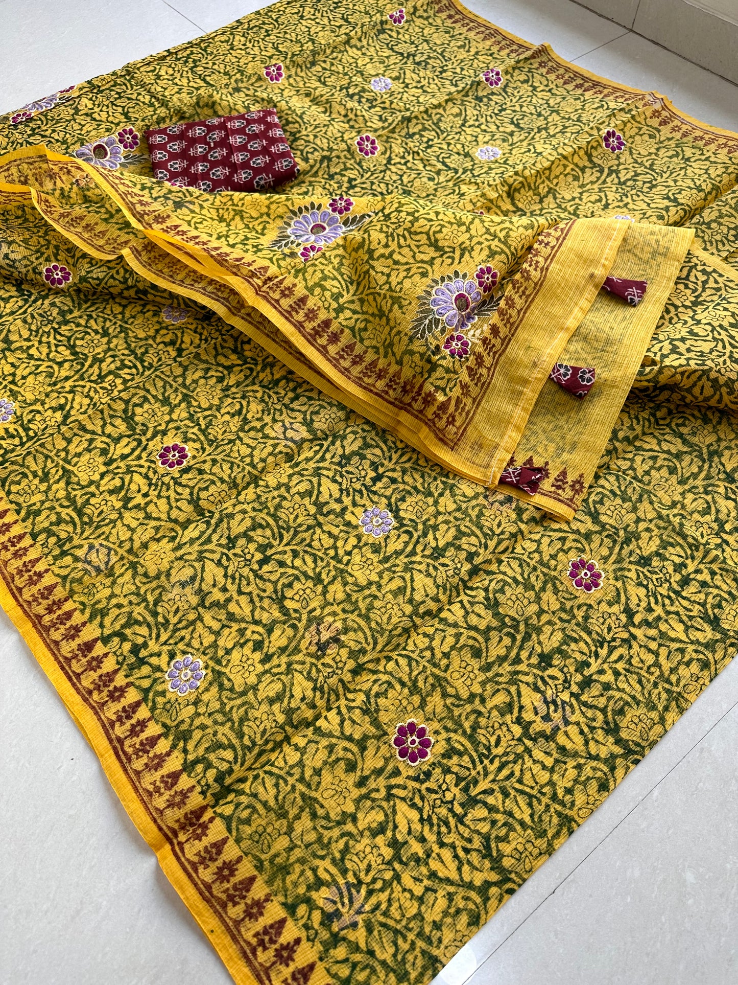 Embroidered HandBlock Printed Kota Cotton Doria Saree