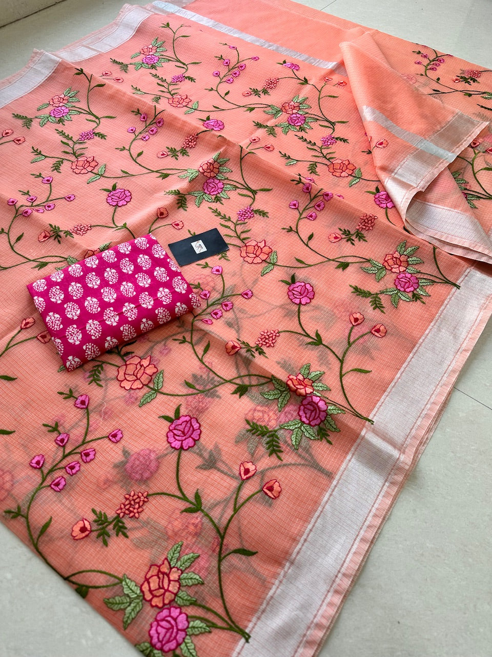 Embroidered Kota Cotton Doria Saree