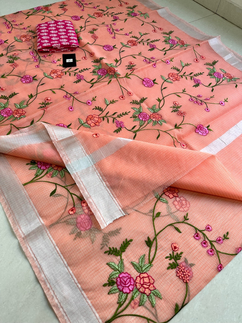 Embroidered Kota Cotton Doria Saree