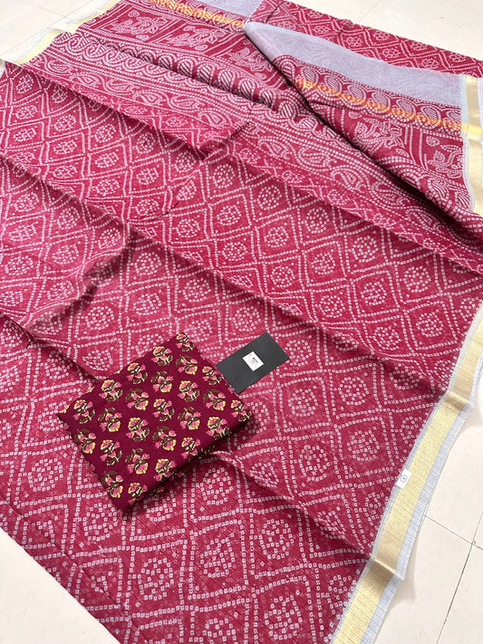 HandBlock Bandhini Printed Kota Cotton Doria Saree