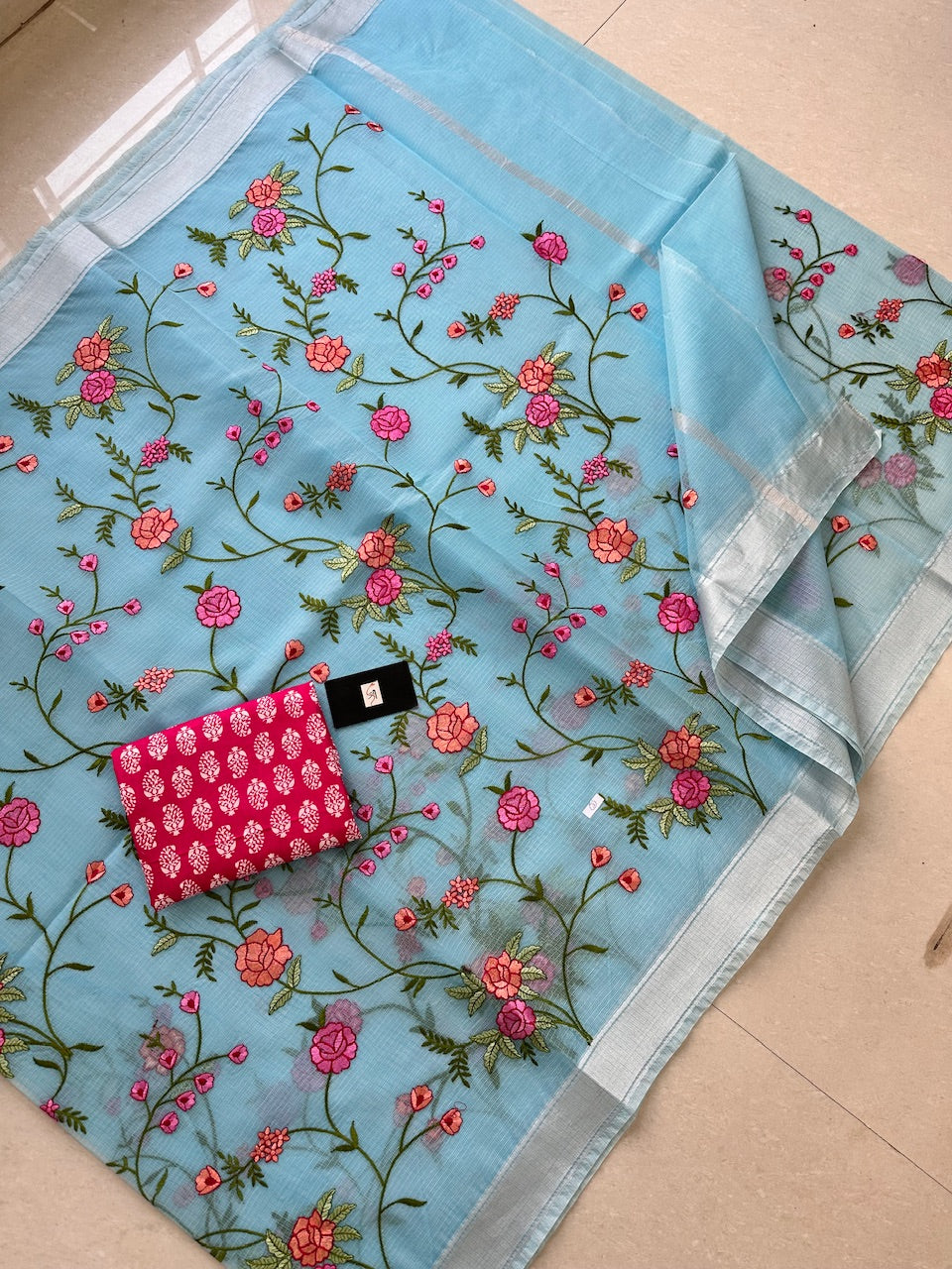 Embroidered Kota Cotton Doria Saree