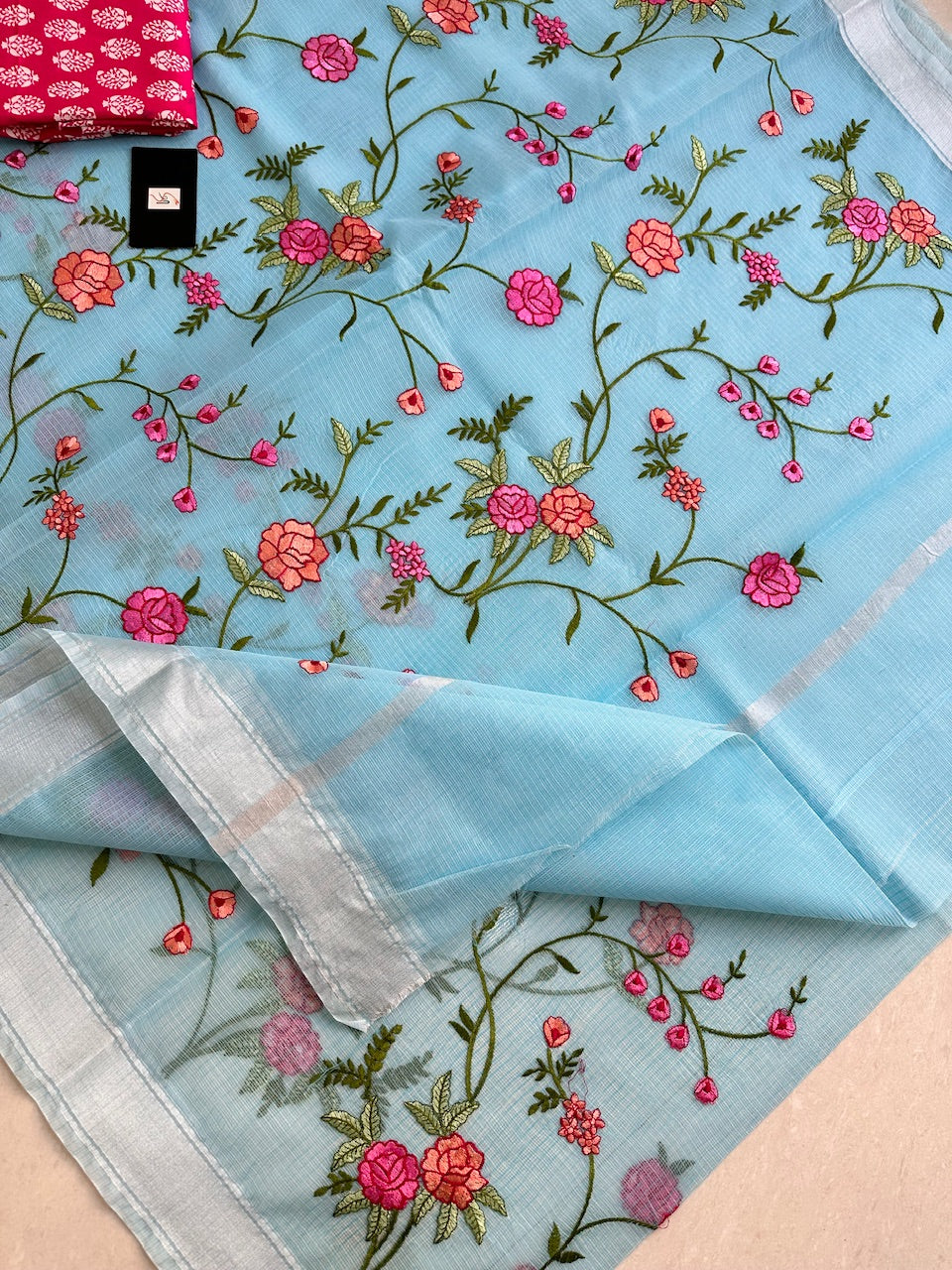 Embroidered Kota Cotton Doria Saree