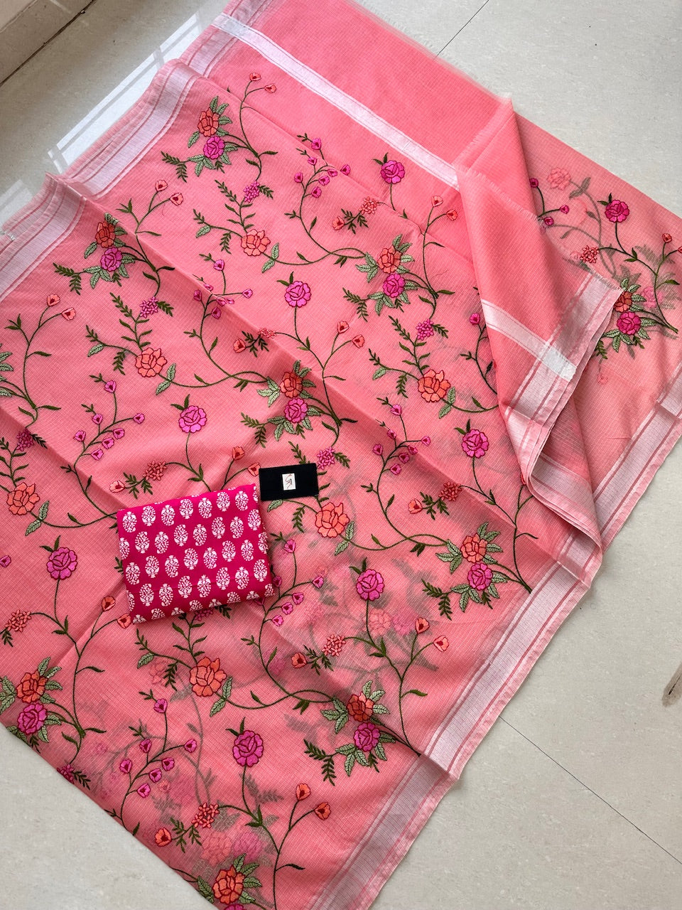 Embroidered Kota Cotton Doria Saree