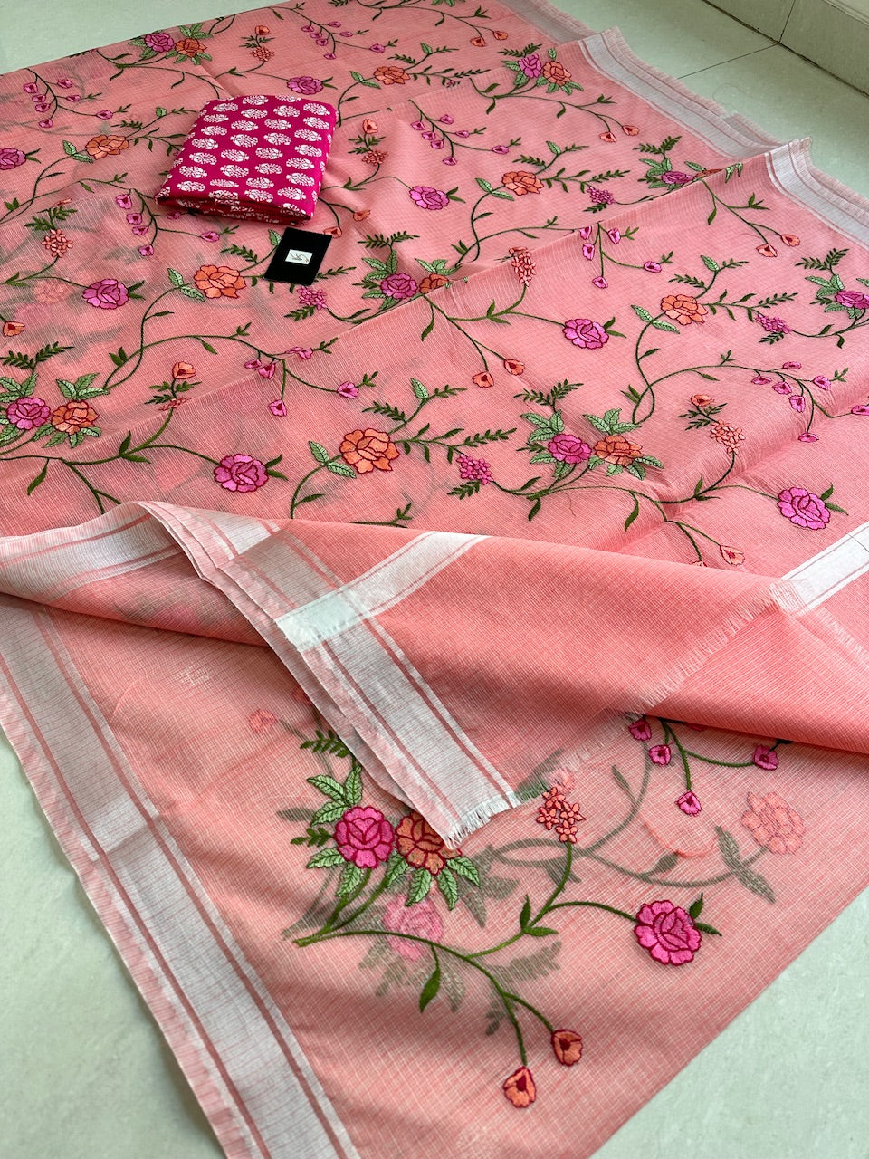 Embroidered Kota Cotton Doria Saree