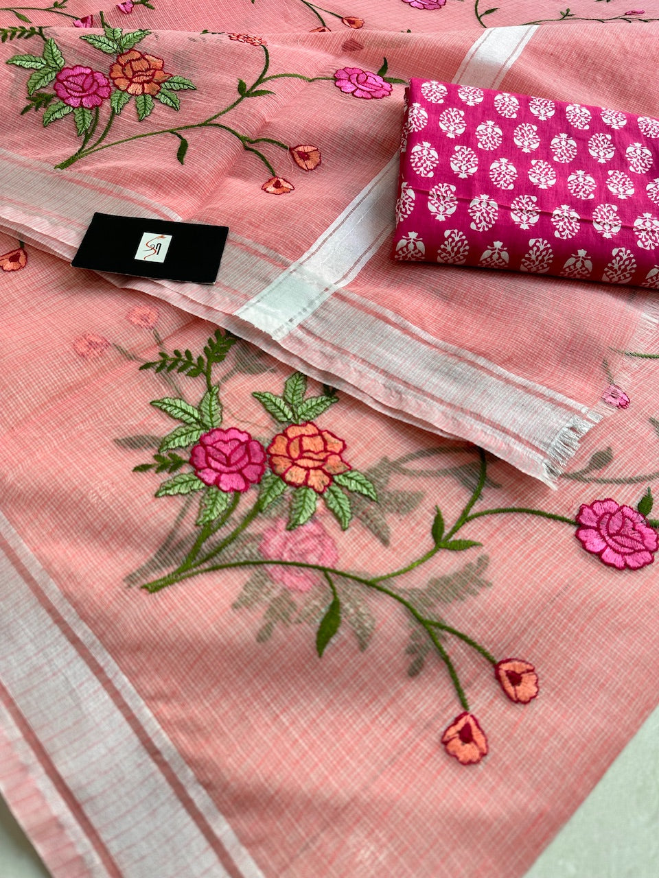 Embroidered Kota Cotton Doria Saree