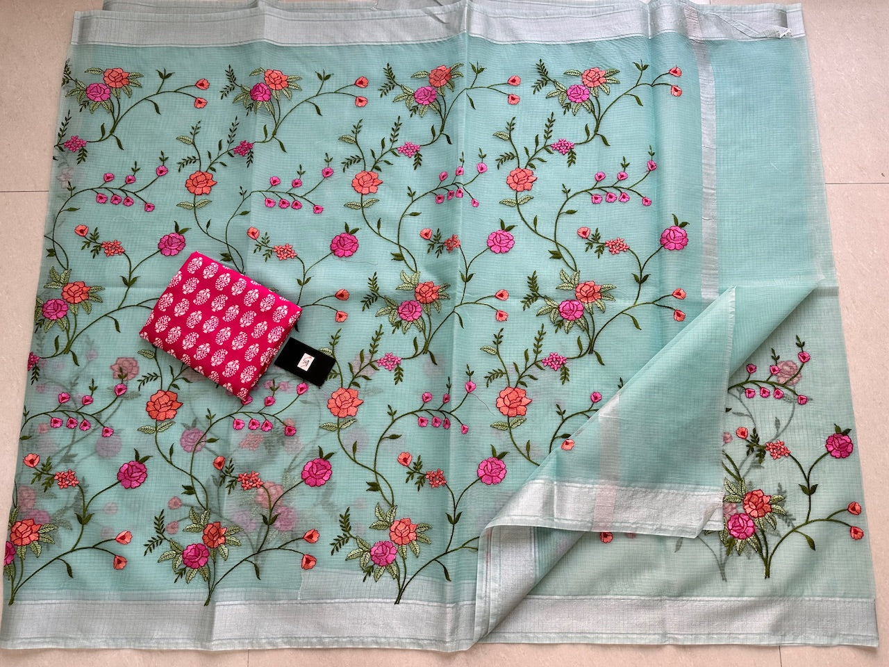 Embroidered Kota Cotton Doria Saree