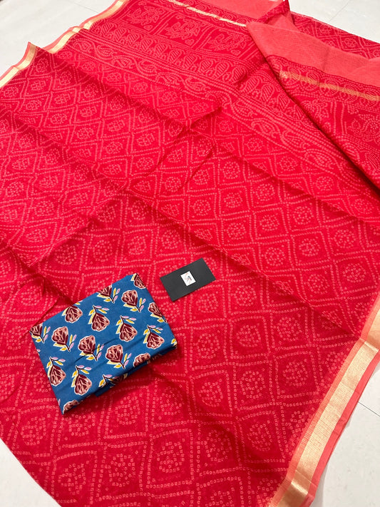 HandBlock Bandhini Printed Kota Cotton Doria Saree