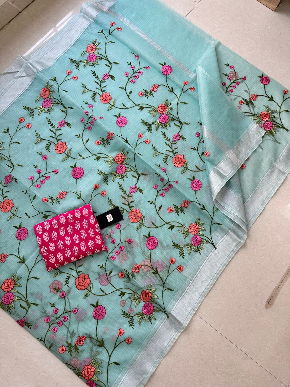 Embroidered Kota Cotton Doria Saree