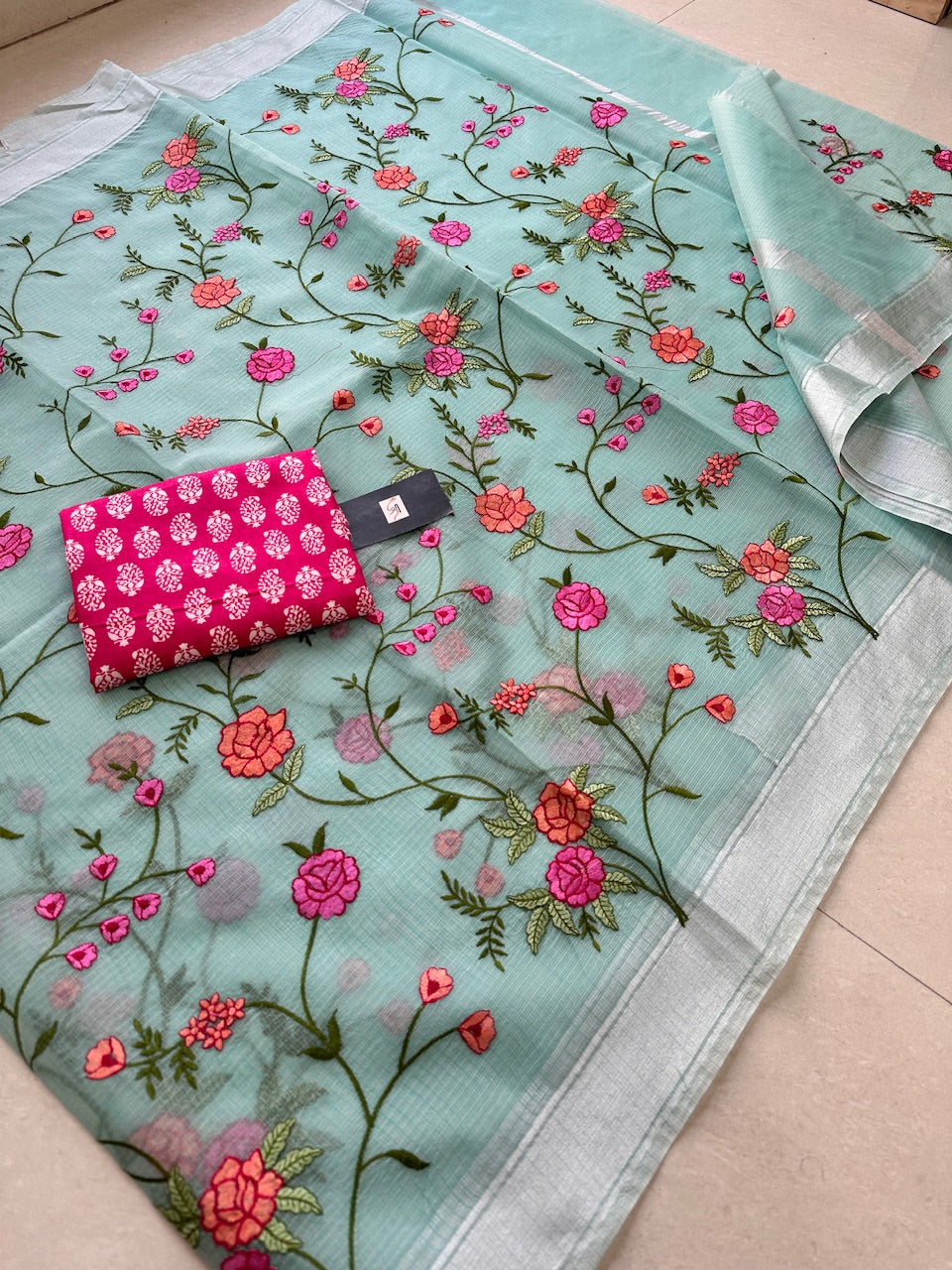 Embroidered Kota Cotton Doria Saree