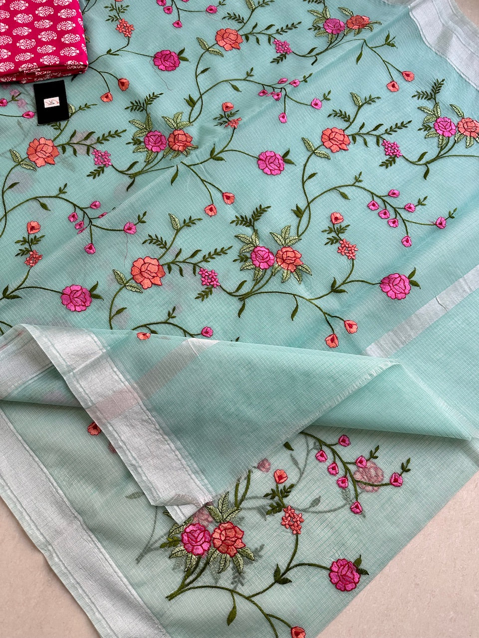 Embroidered Kota Cotton Doria Saree