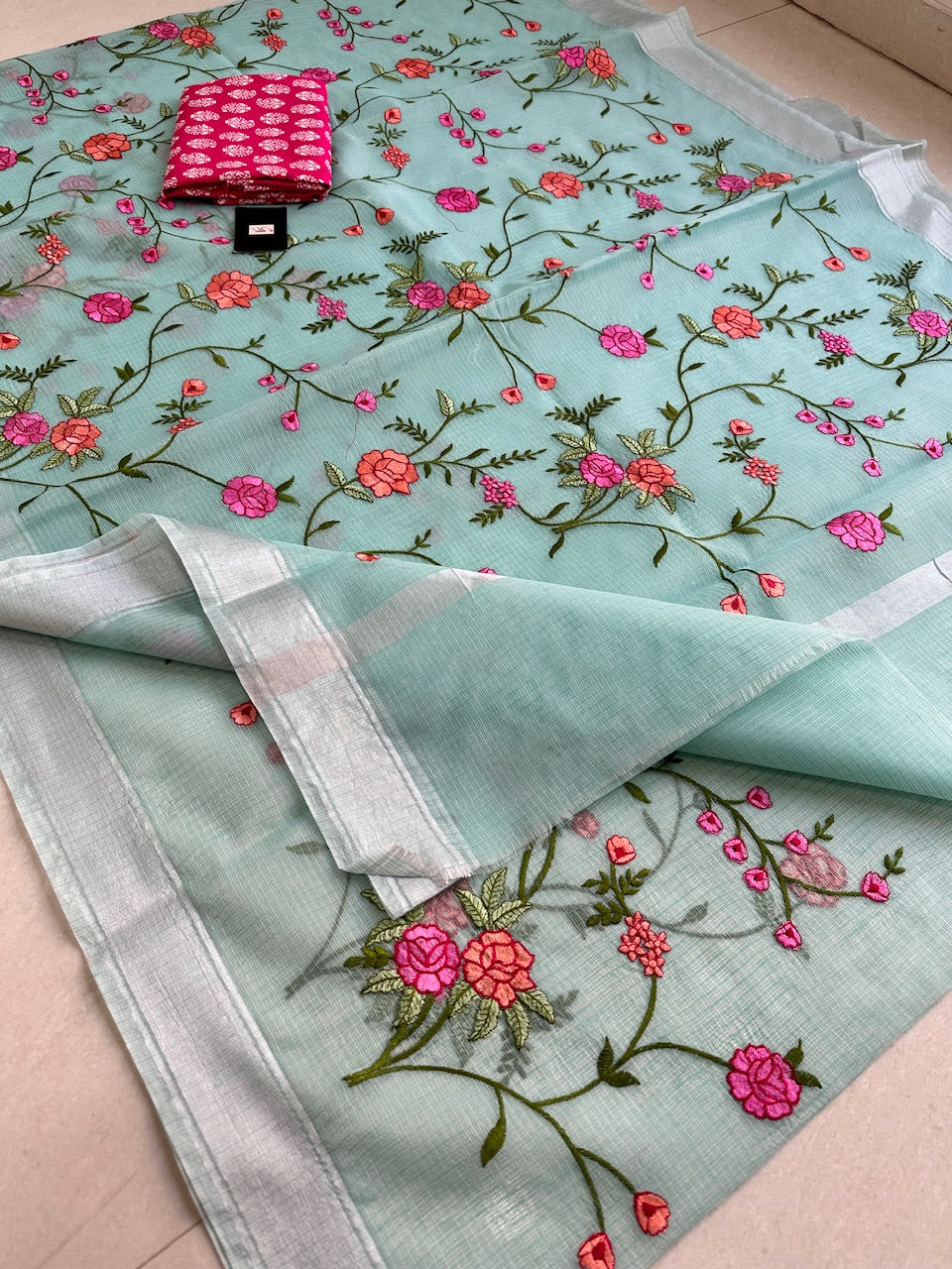 Embroidered Kota Cotton Doria Saree