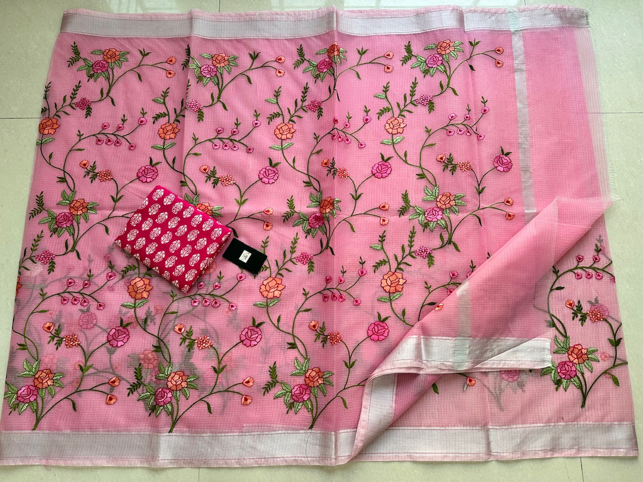 Embroidered Kota Cotton Doria Saree