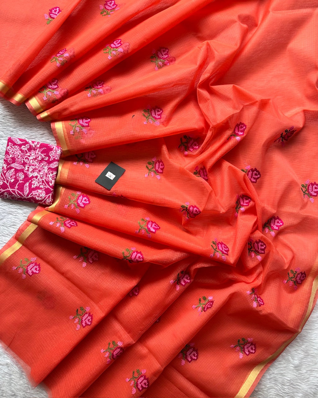 Embroidered Kota Cotton Doria Saree