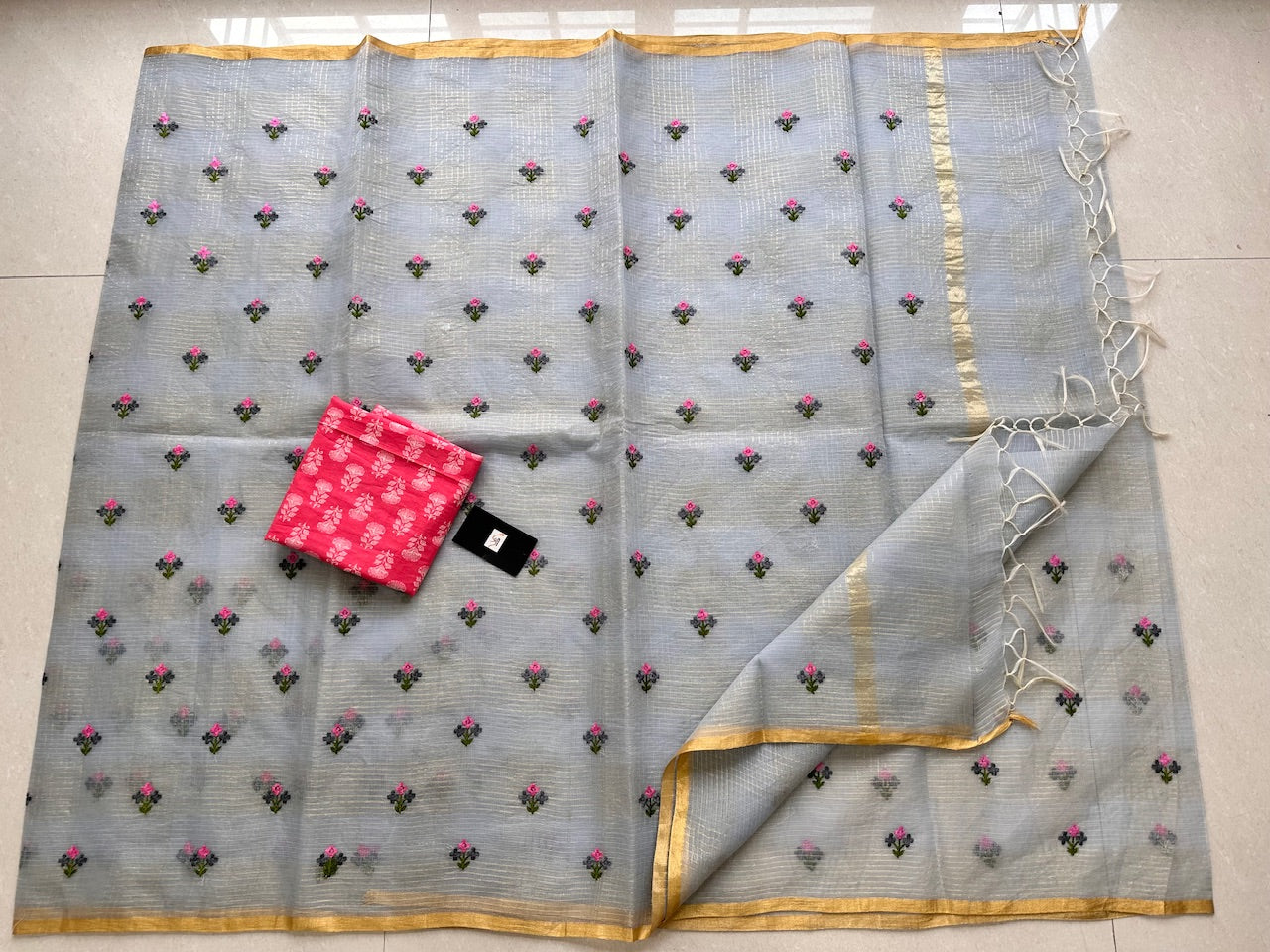 Embroidered Kota Cotton Doria Saree