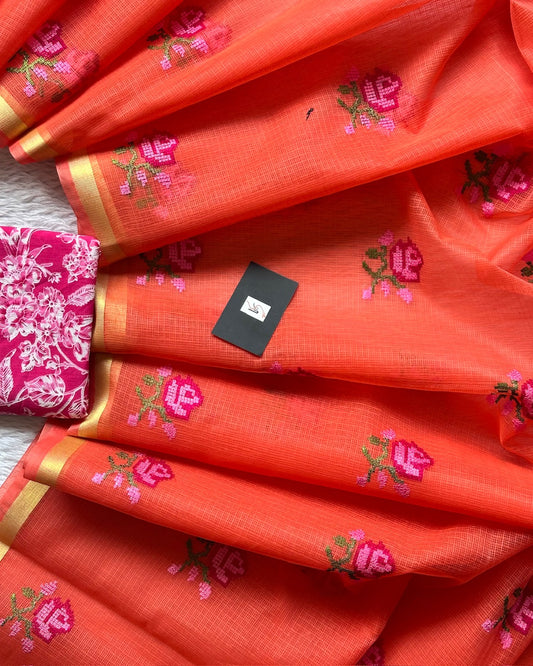 Embroidered Kota Cotton Doria Saree