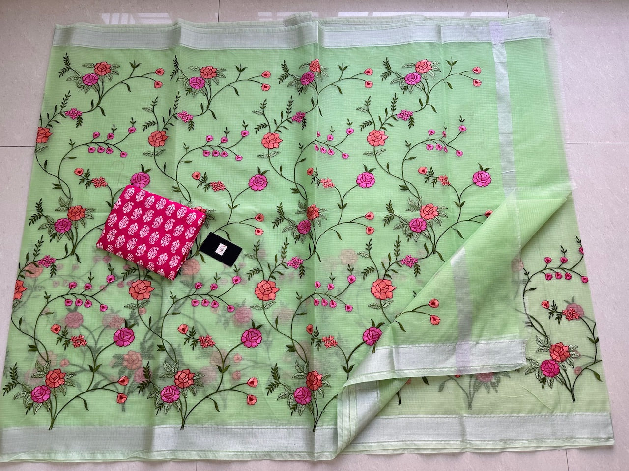 Embroidered Kota Cotton Doria Saree