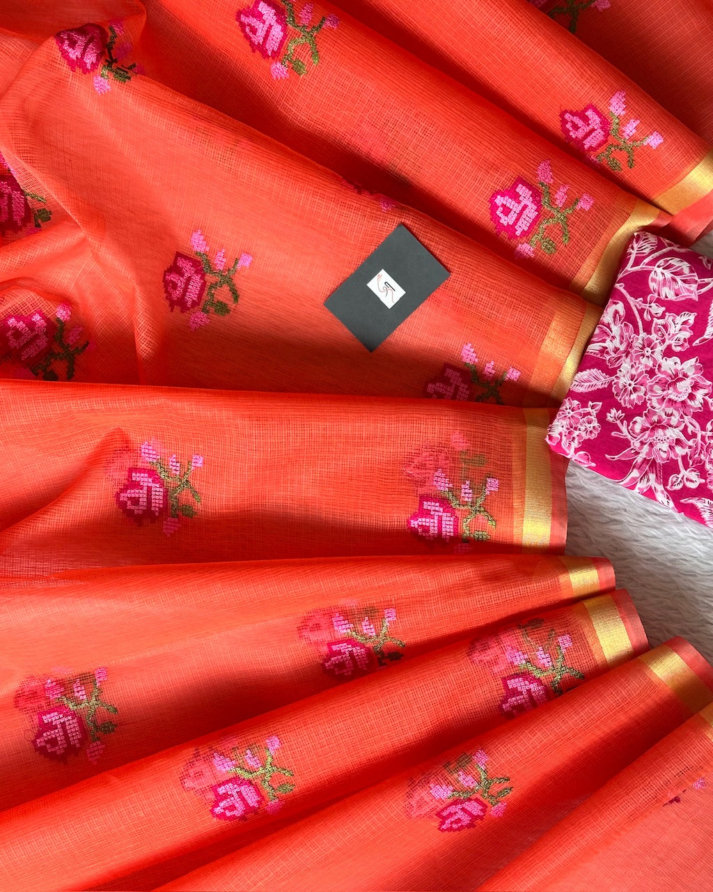 Embroidered Kota Cotton Doria Saree