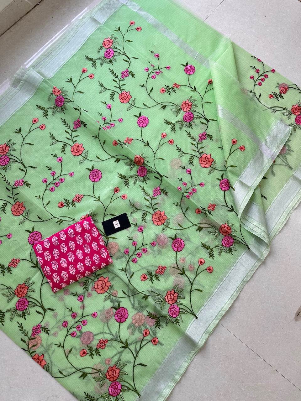 Embroidered Kota Cotton Doria Saree