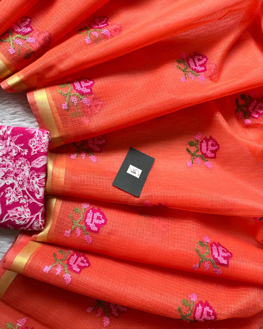 Embroidered Kota Cotton Doria Saree