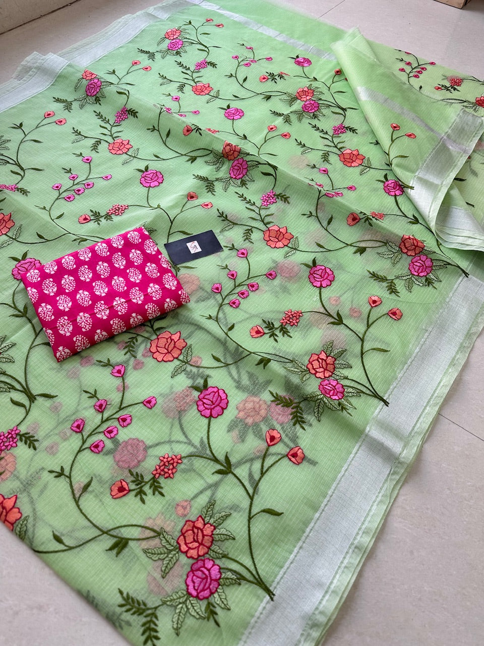 Embroidered Kota Cotton Doria Saree