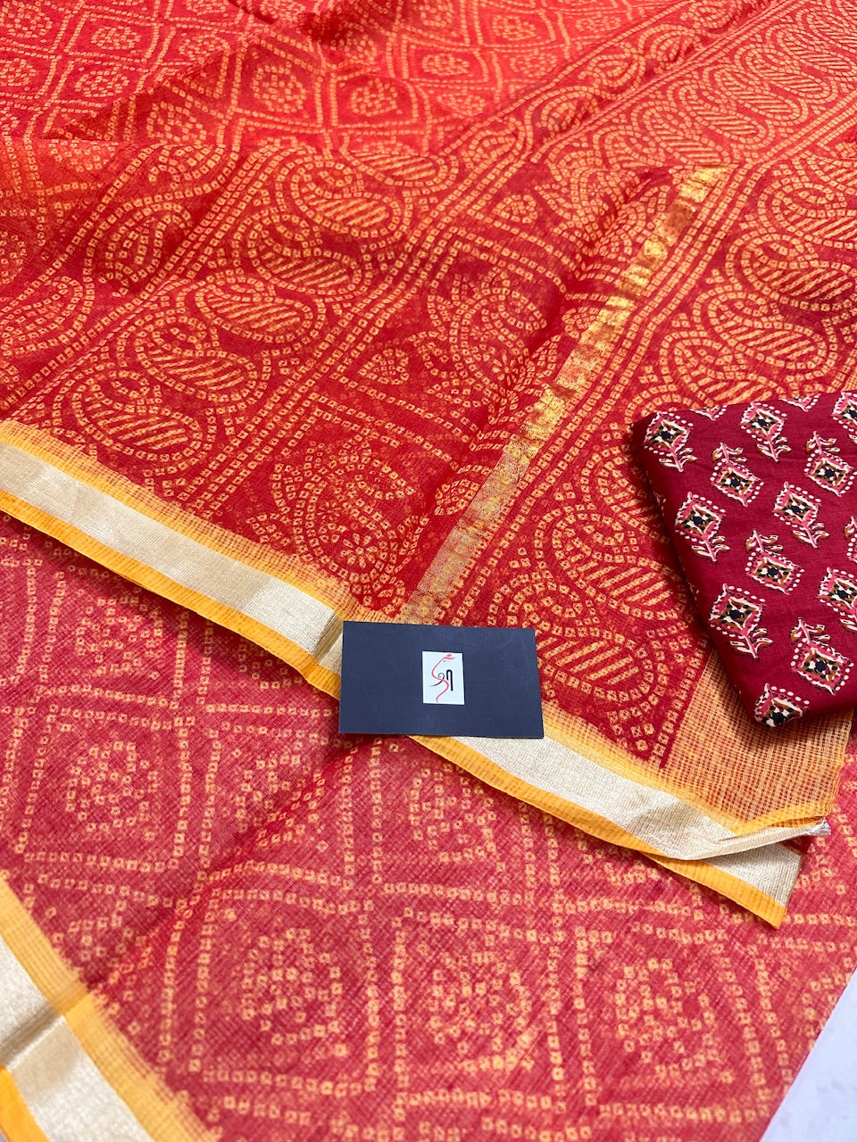 HandBlock Bandhini Printed Kota Cotton Doria Saree