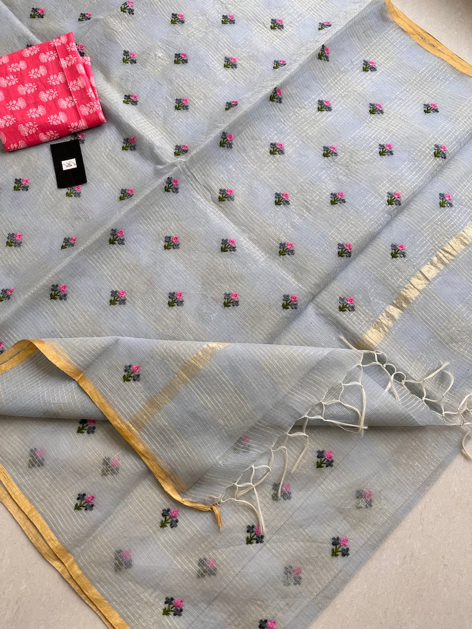 Embroidered Kota Cotton Doria Saree