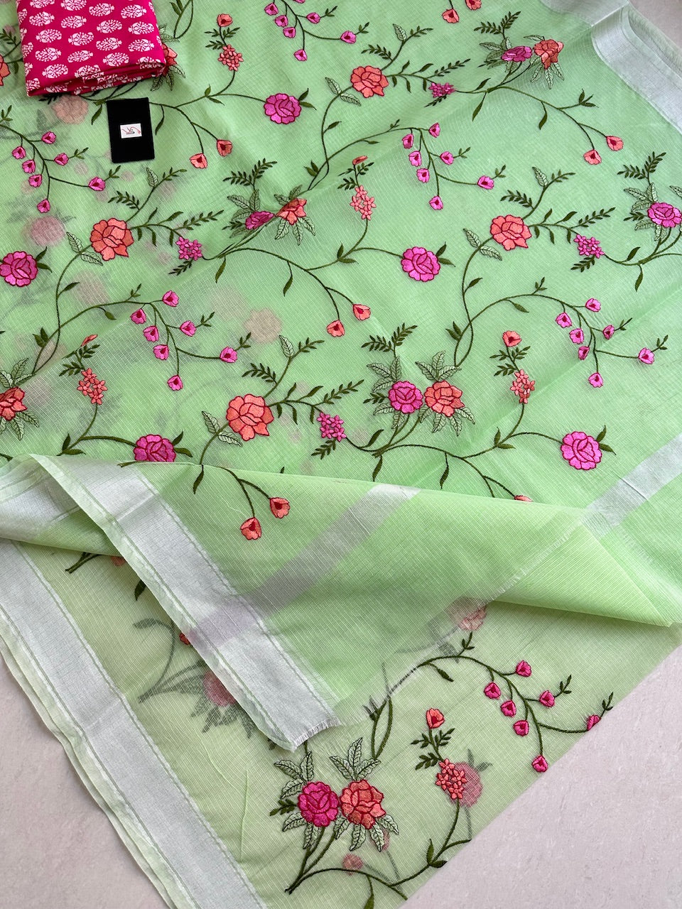 Embroidered Kota Cotton Doria Saree