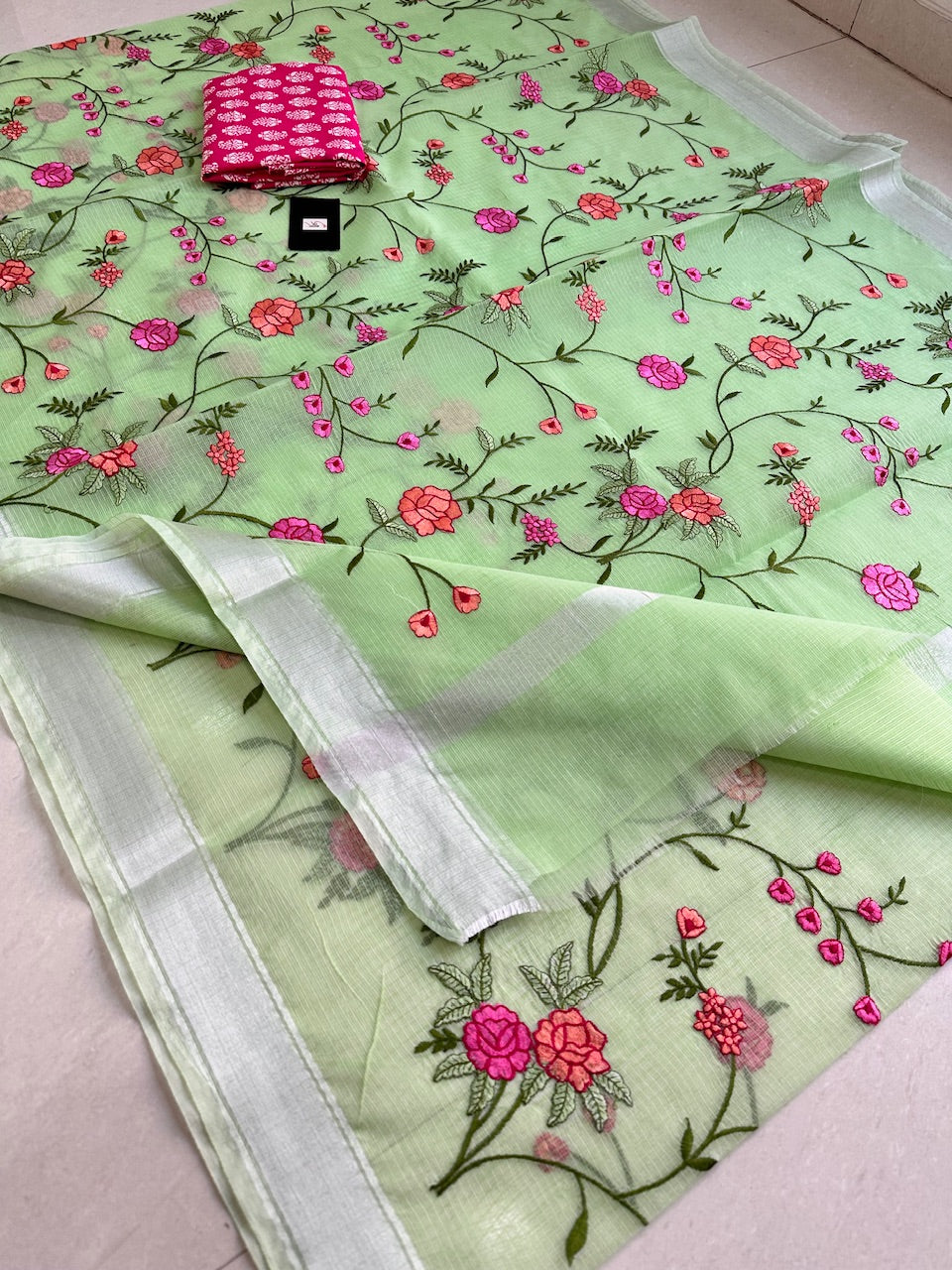 Embroidered Kota Cotton Doria Saree