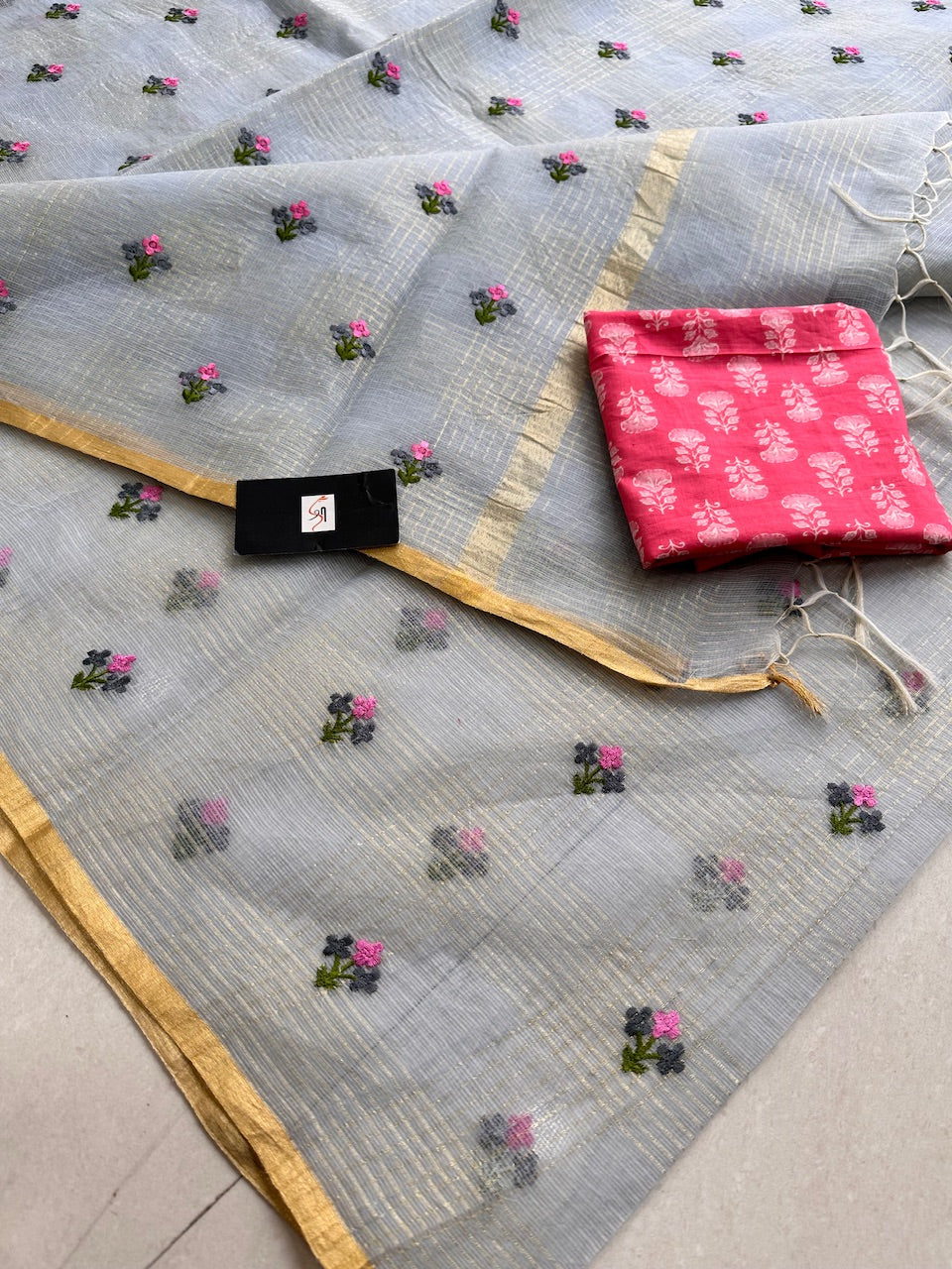 Embroidered Kota Cotton Doria Saree