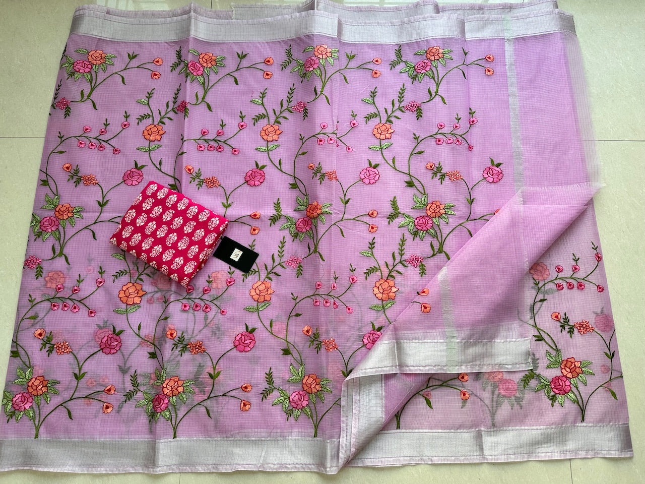 Embroidered Kota Cotton Doria Saree