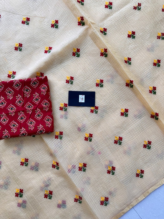 Embroidered Kota Cotton Doria Saree