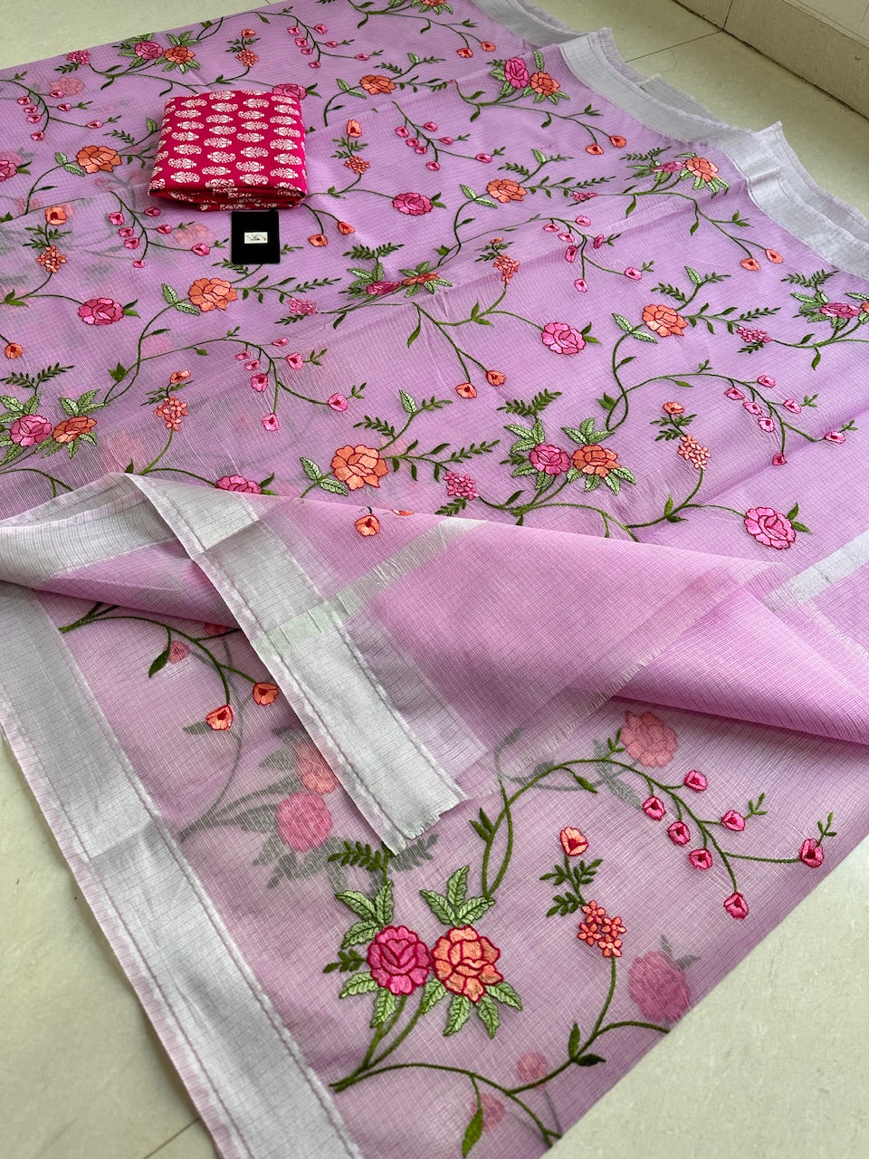 Embroidered Kota Cotton Doria Saree