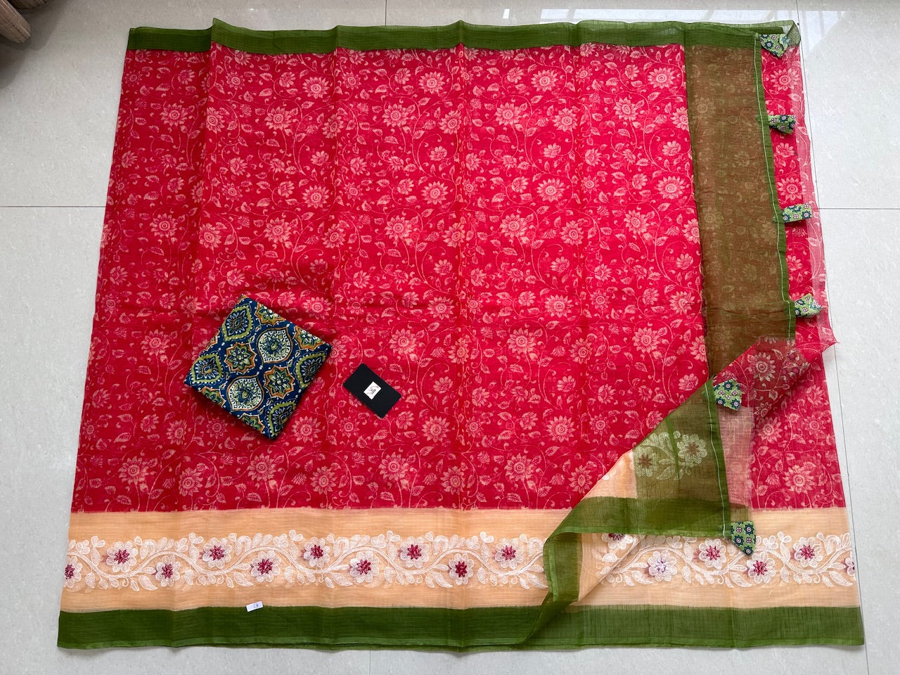 Embroidered Digital Printed Kota Cotton Doria Saree