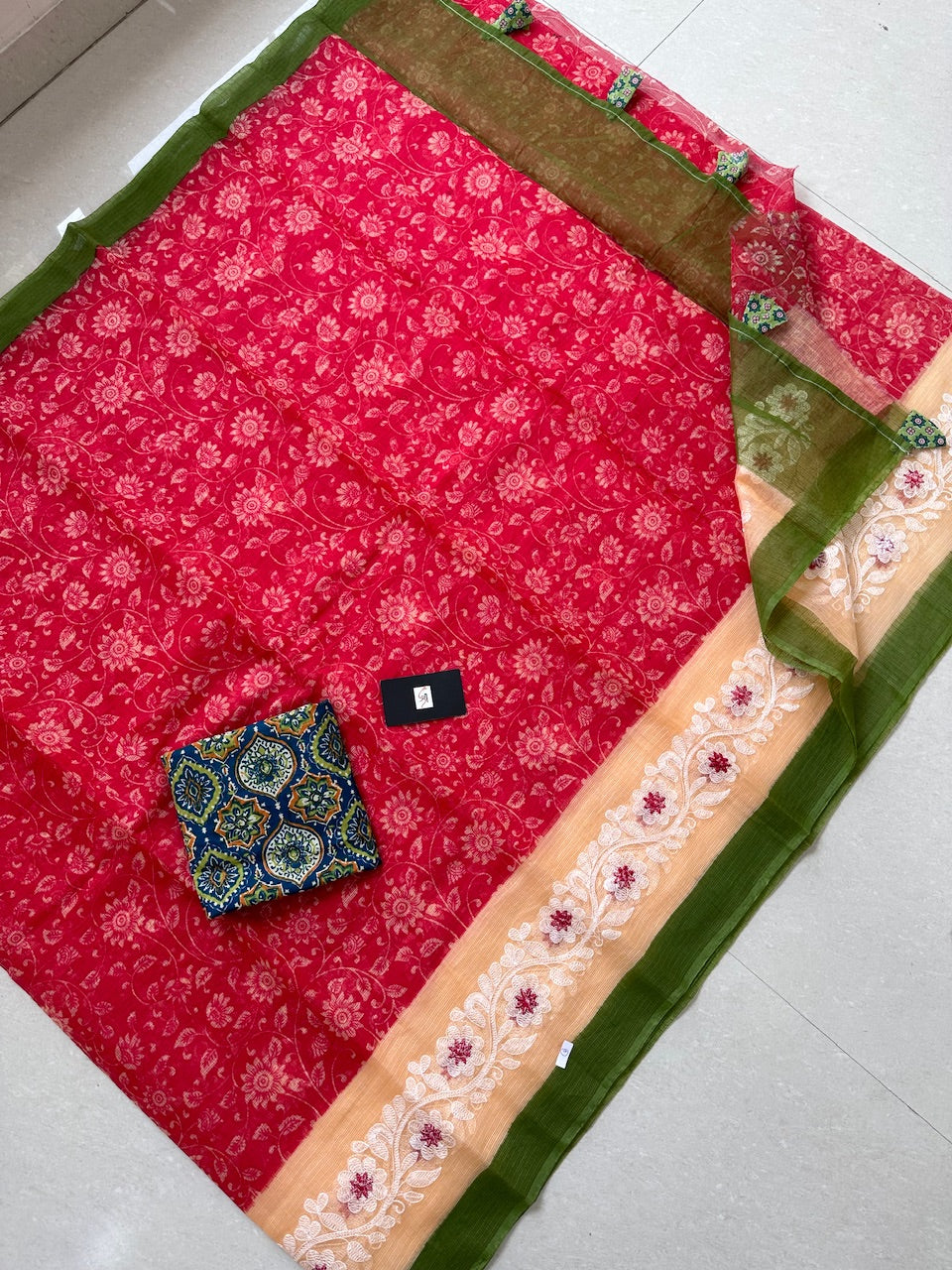 Embroidered Digital Printed Kota Cotton Doria Saree