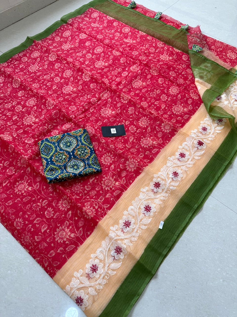 Embroidered Digital Printed Kota Cotton Doria Saree