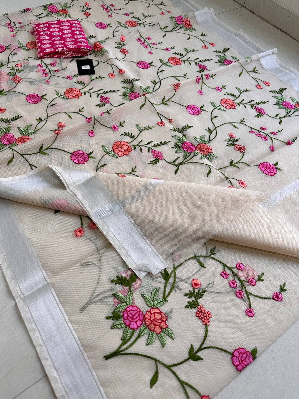 Embroidered Kota Cotton Doria Saree