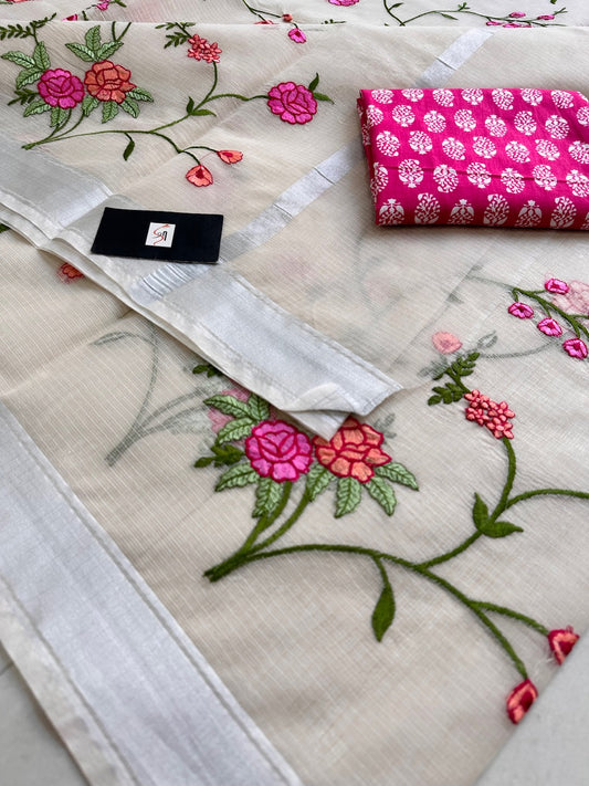 Embroidered Kota Cotton Doria Saree