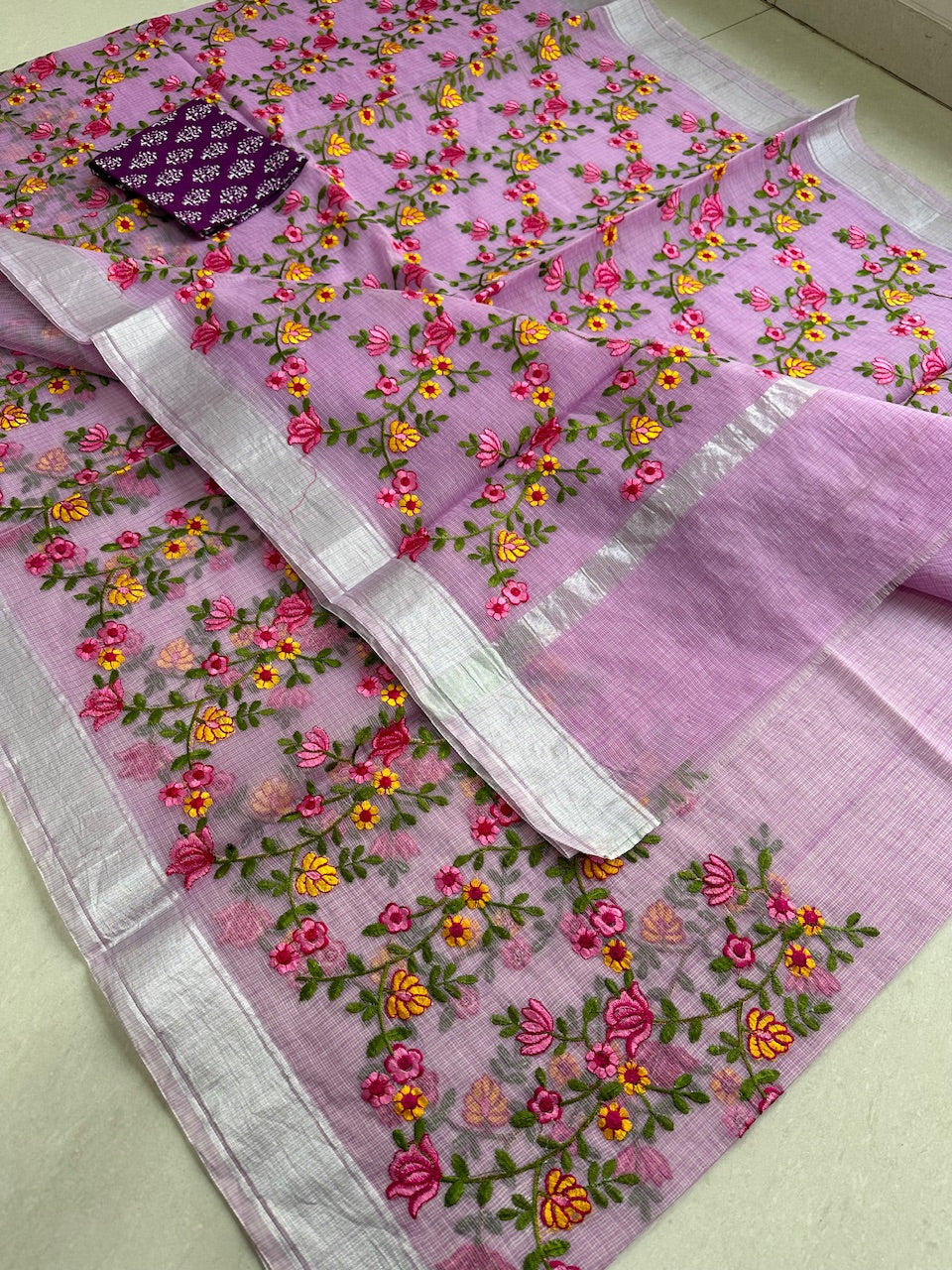 Embroidered Kota Cotton Doria Saree