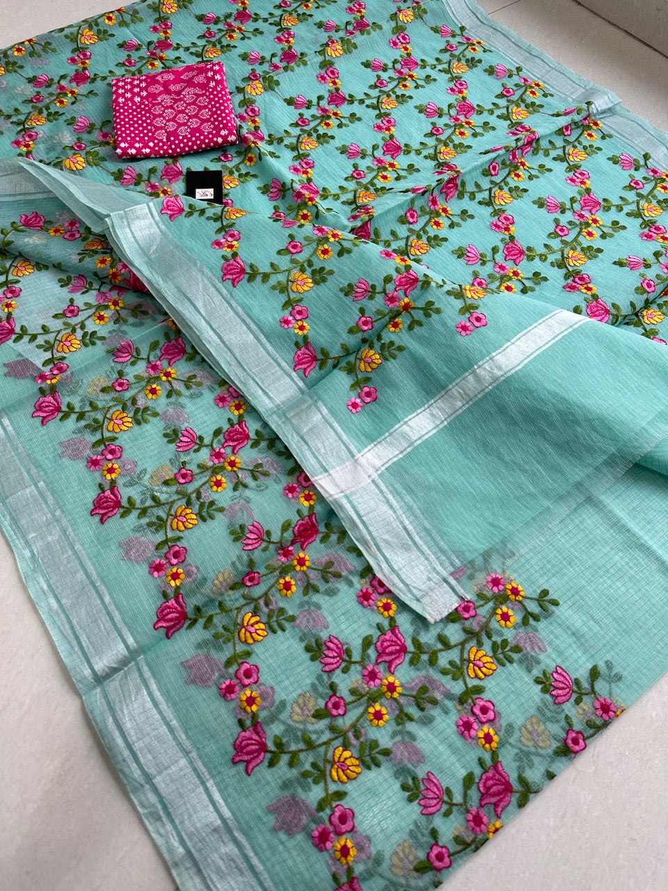 Embroidered Kota Cotton Doria Saree