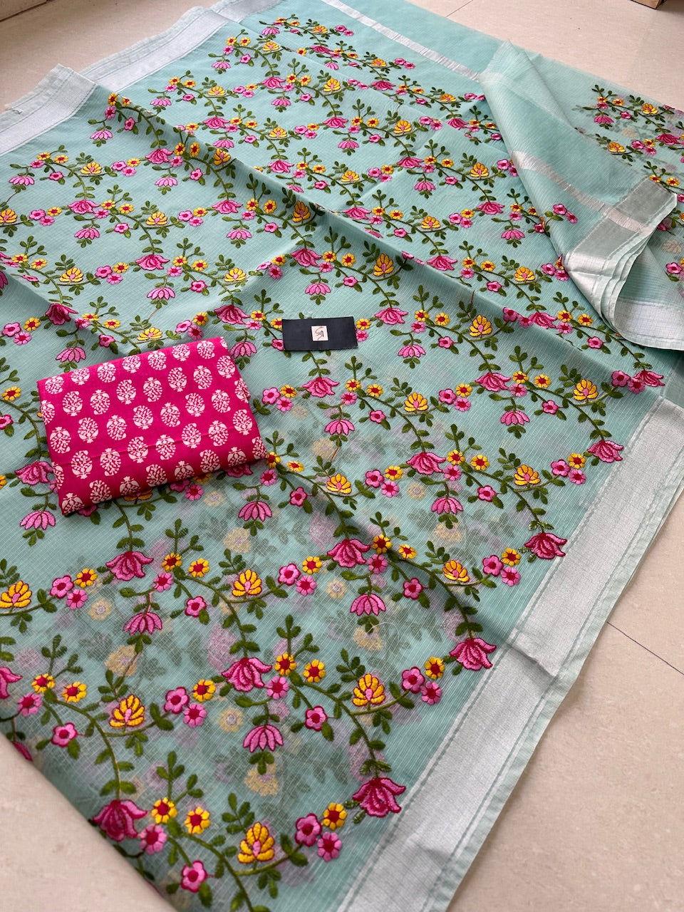 Embroidered Kota Cotton Doria Saree