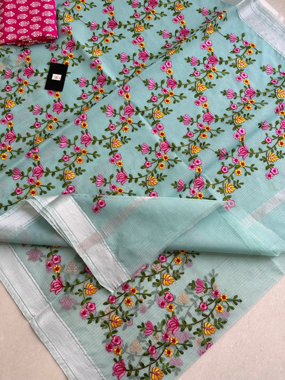 Embroidered Kota Cotton Doria Saree