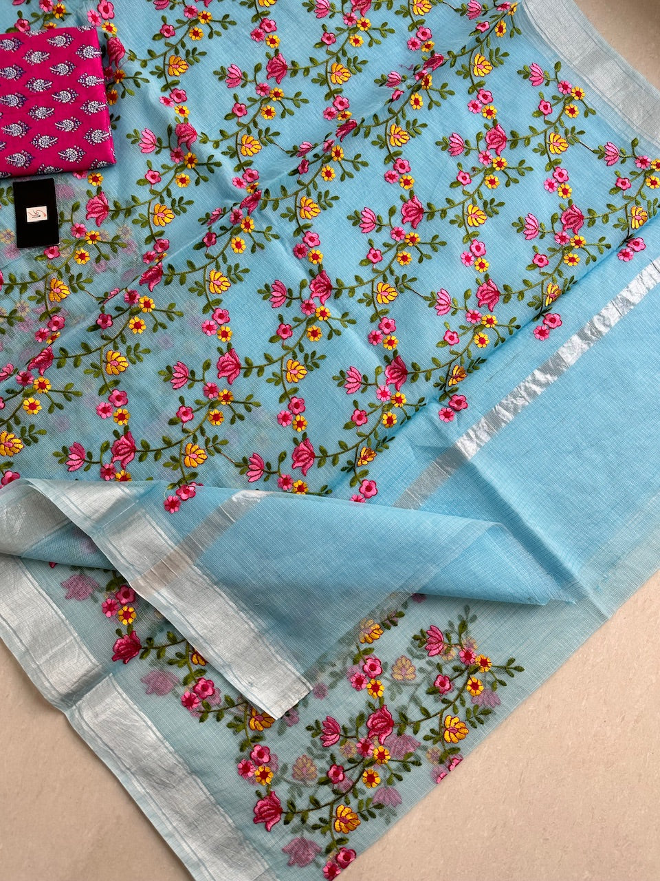 Embroidered Kota Cotton Doria Saree