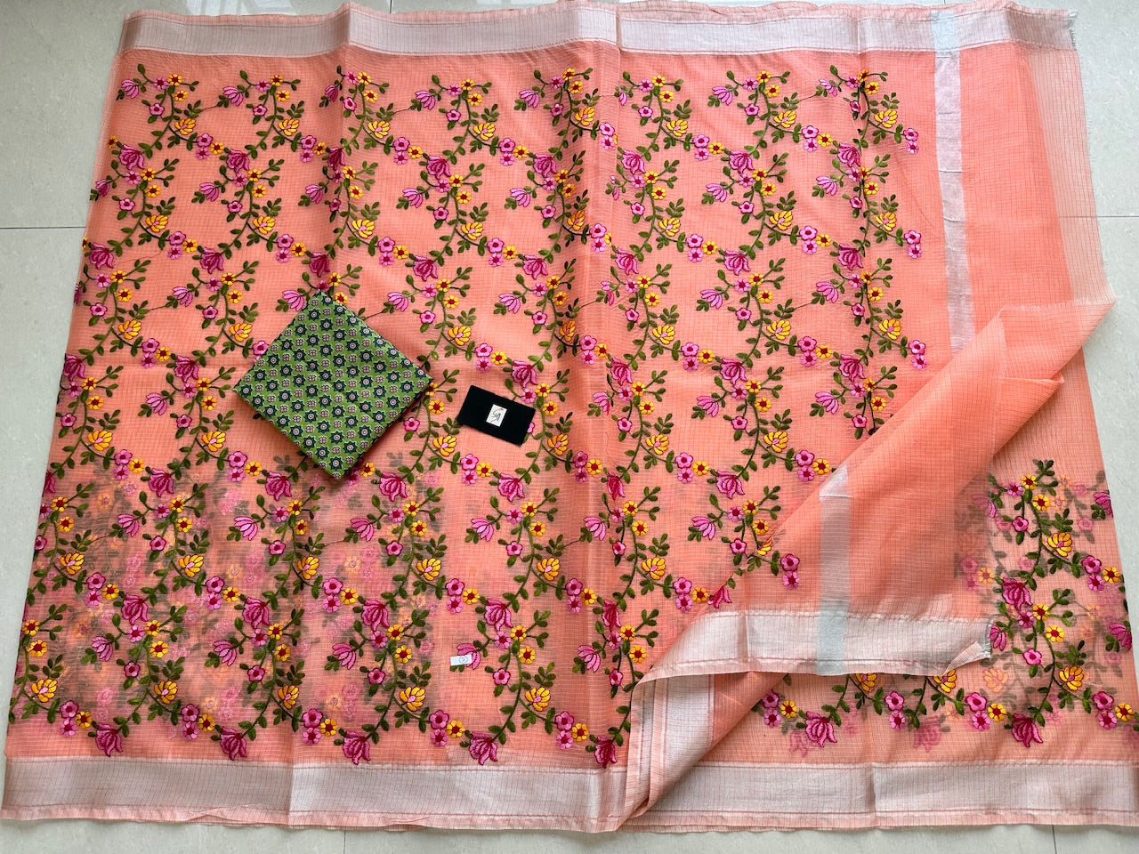 Embroidered Kota Cotton Doria Saree