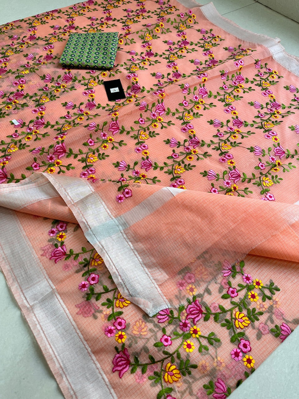 Embroidered Kota Cotton Doria Saree