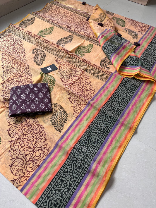 Pure HandBlock Printed Kota Cotton Doria Saree