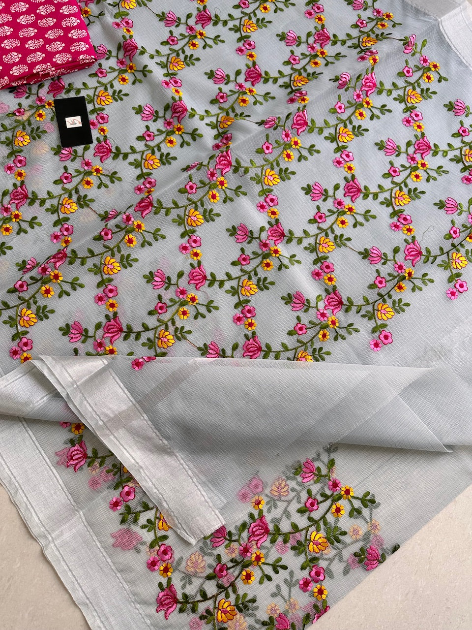 Embroidered Kota Cotton Doria Saree