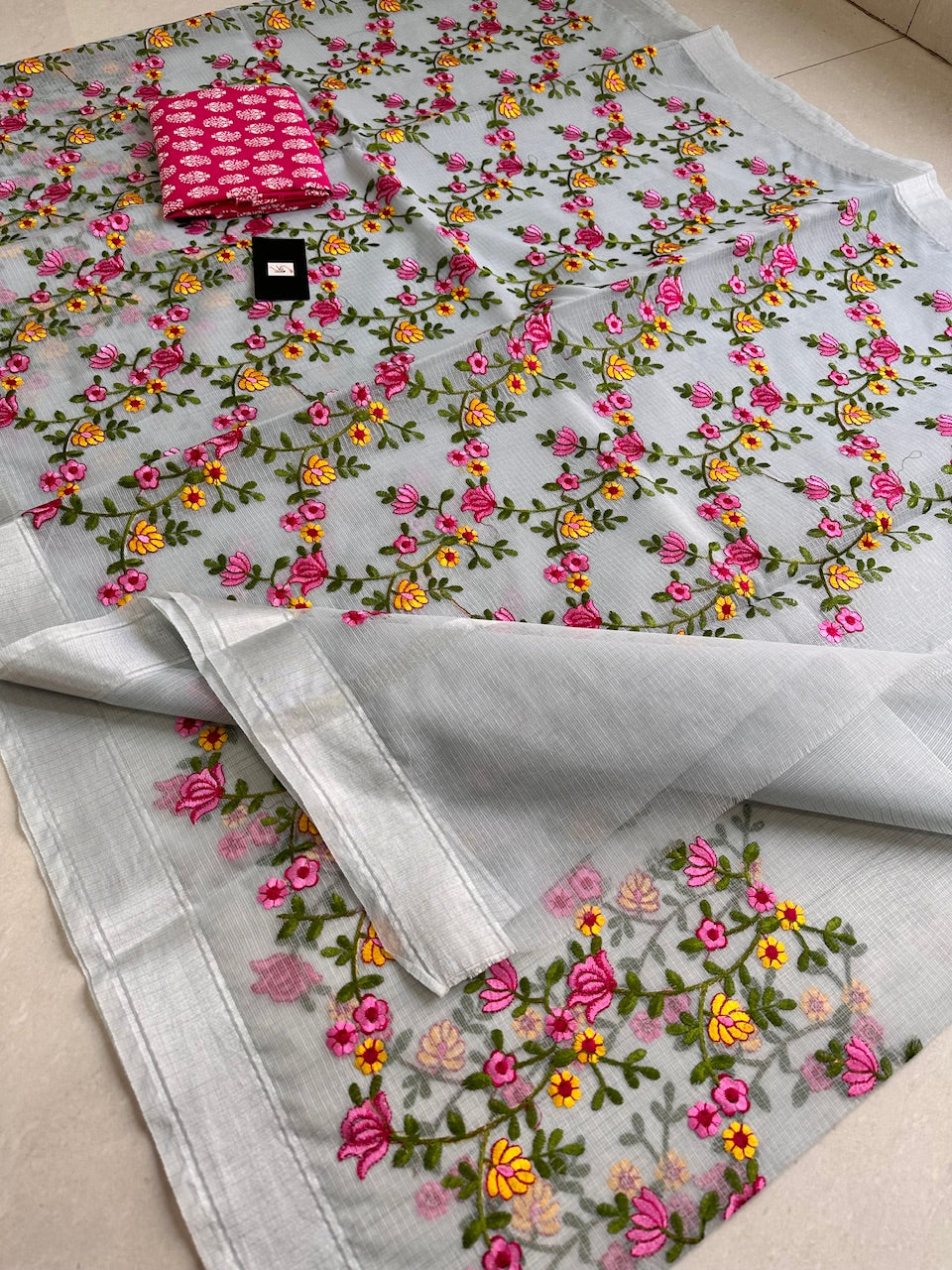 Embroidered Kota Cotton Doria Saree