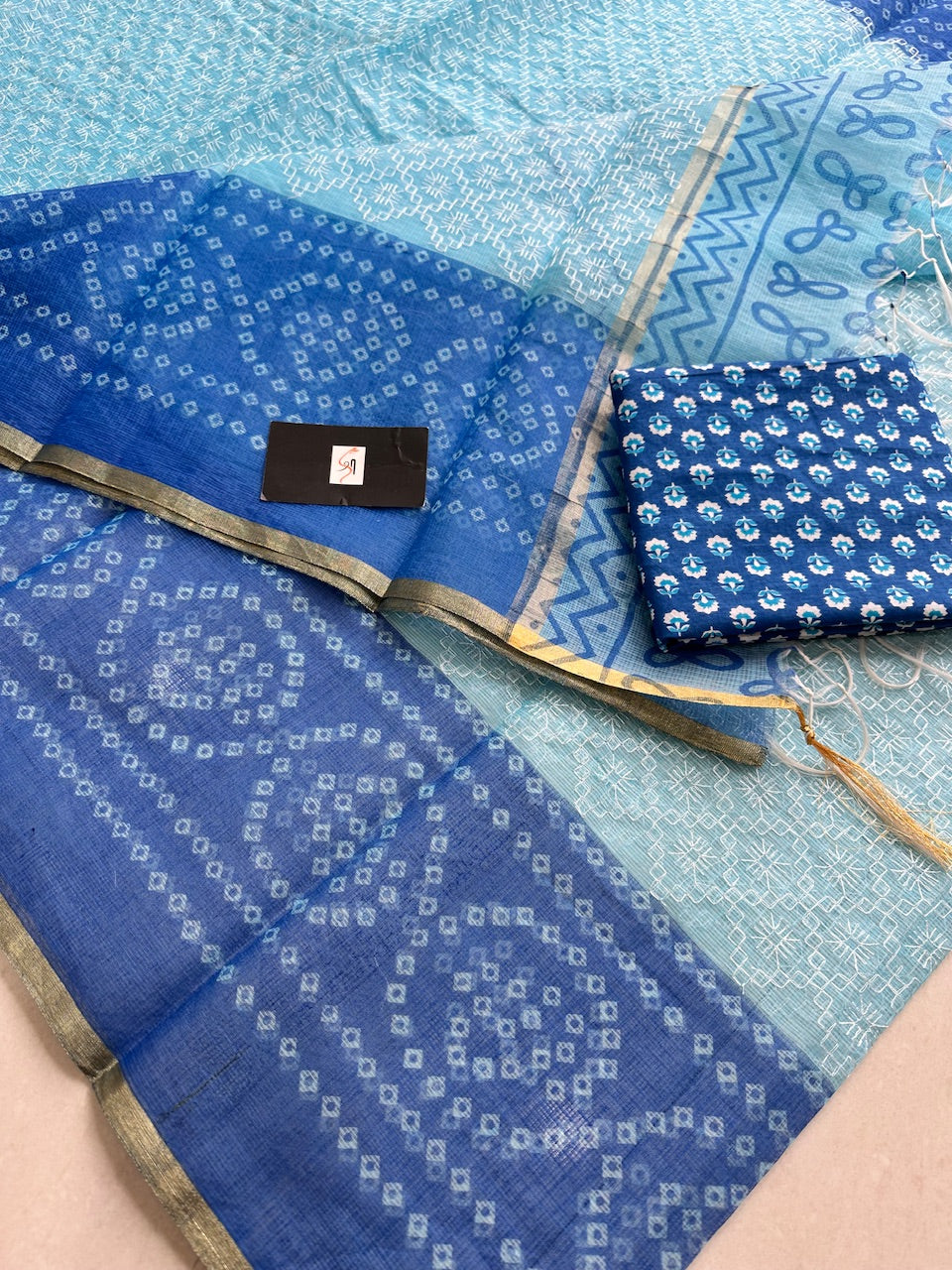 Embroidered HandBlock Printed Kota Cotton Doria Saree