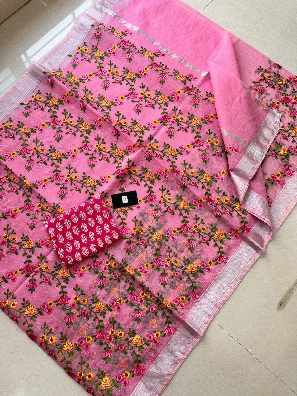 Embroidered Kota Cotton Doria Saree