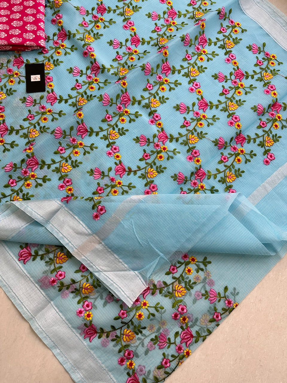 Embroidered Kota Cotton Doria Saree